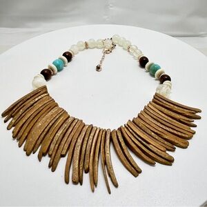 Vida, Glass Bead And Wood Bib Necklace, Blue, Brown